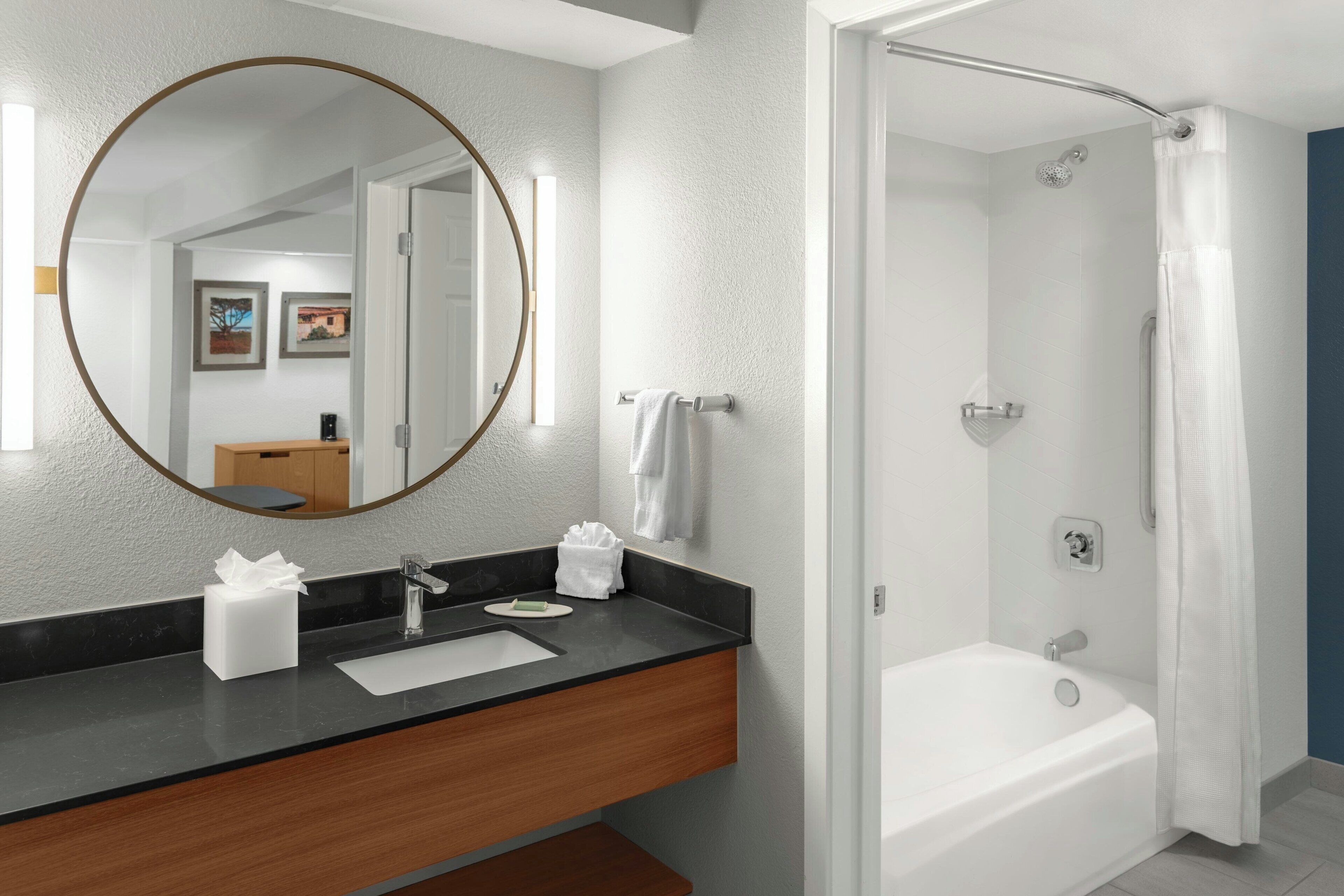 combined shower/bathtub, free toiletries, hair dryer, towels