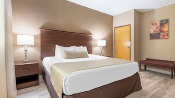 A hotel room with a large bed, two bedside tables with lamps, a wooden bench, and a door.