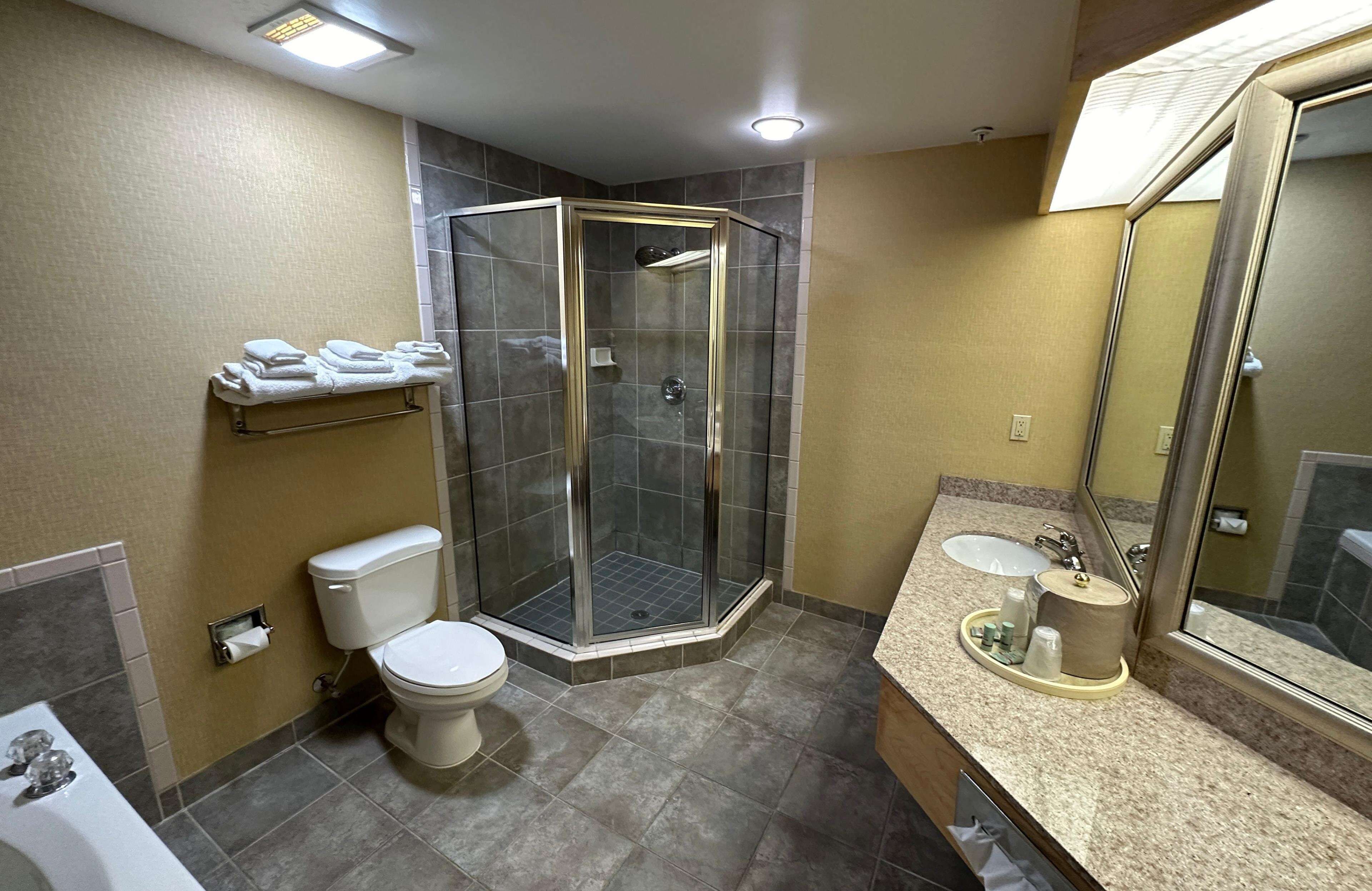 Un baño con ducha, inodoro, lavamanos y un perchero para toallas.