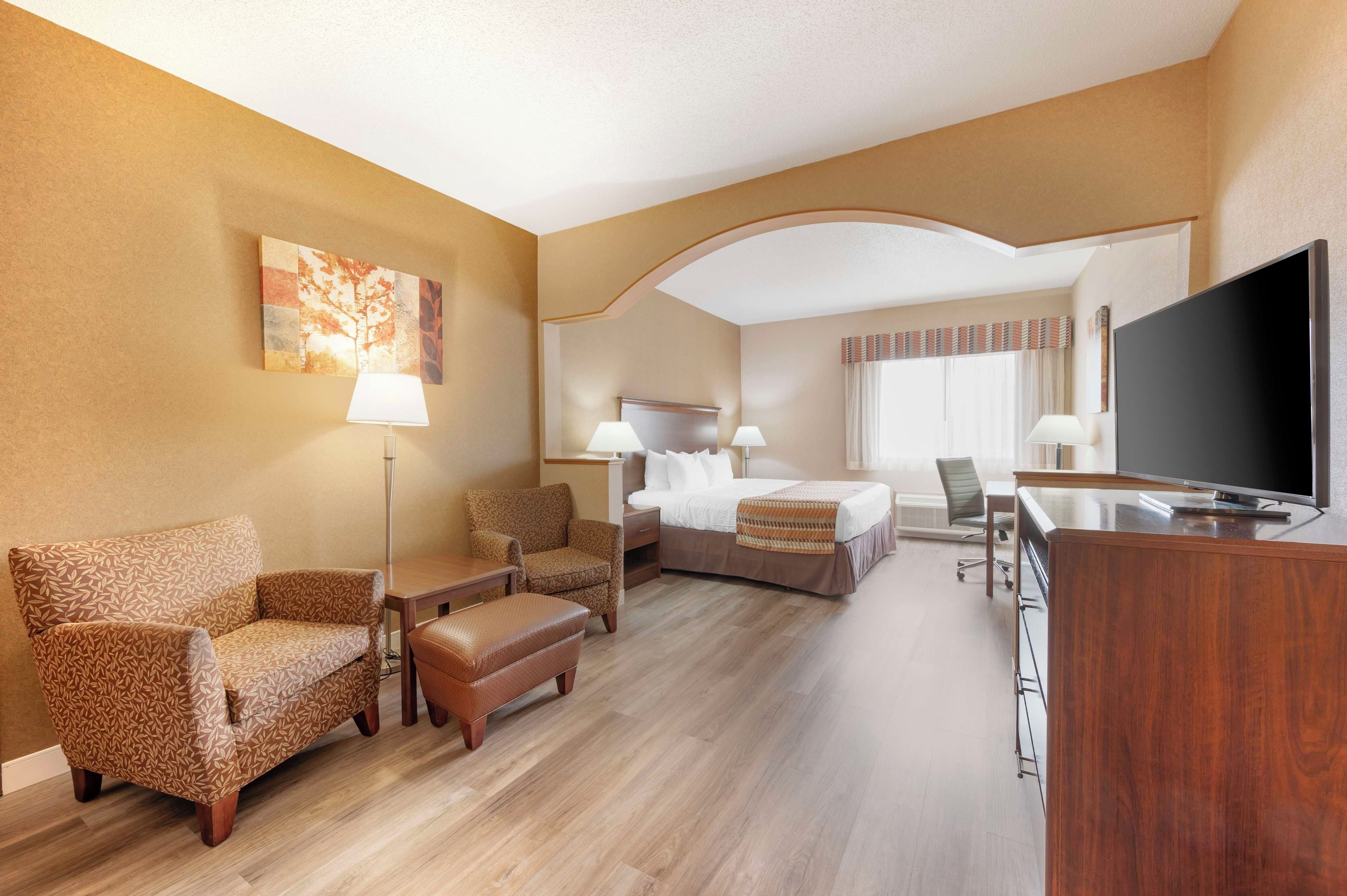 Habitación de hotel con cama, dos sillones, un escritorio con televisor y un cuadro en la pared.