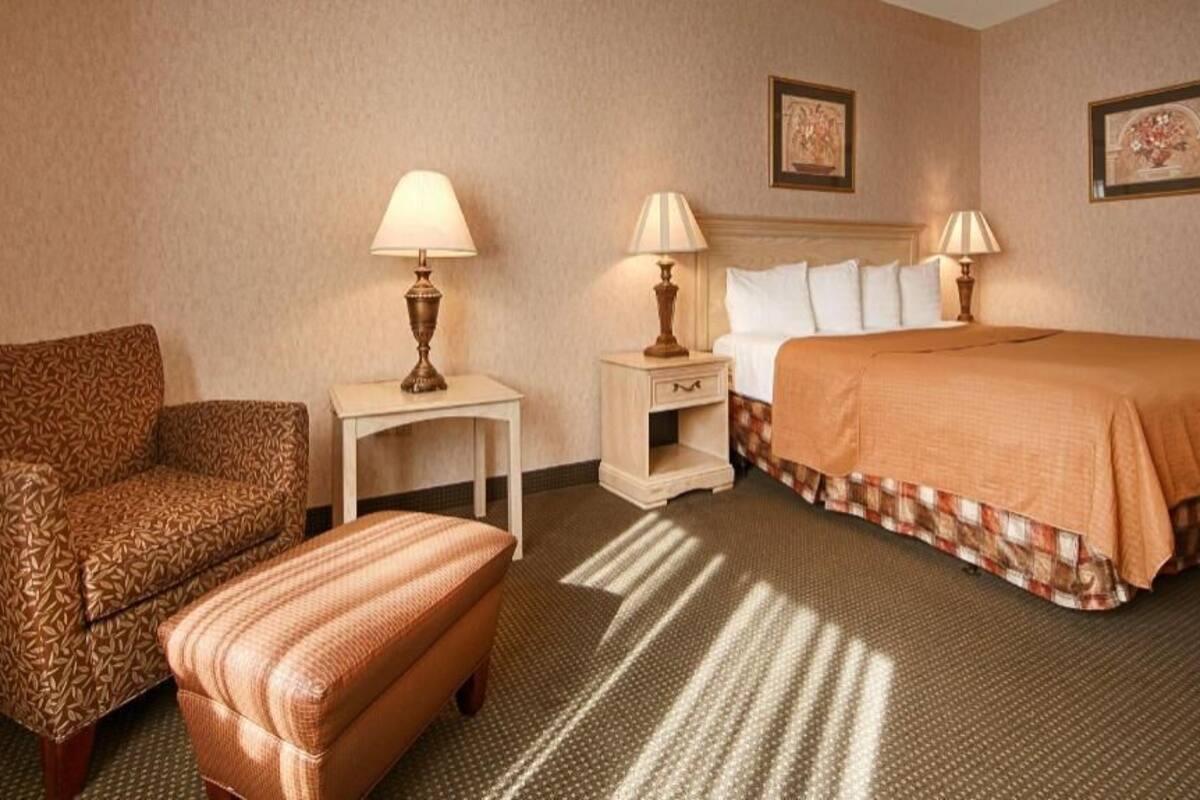 A hotel room with a patterned armchair, a small side table with a lamp, a bed with a patterned bedspread, and two framed pictures on the wall.
