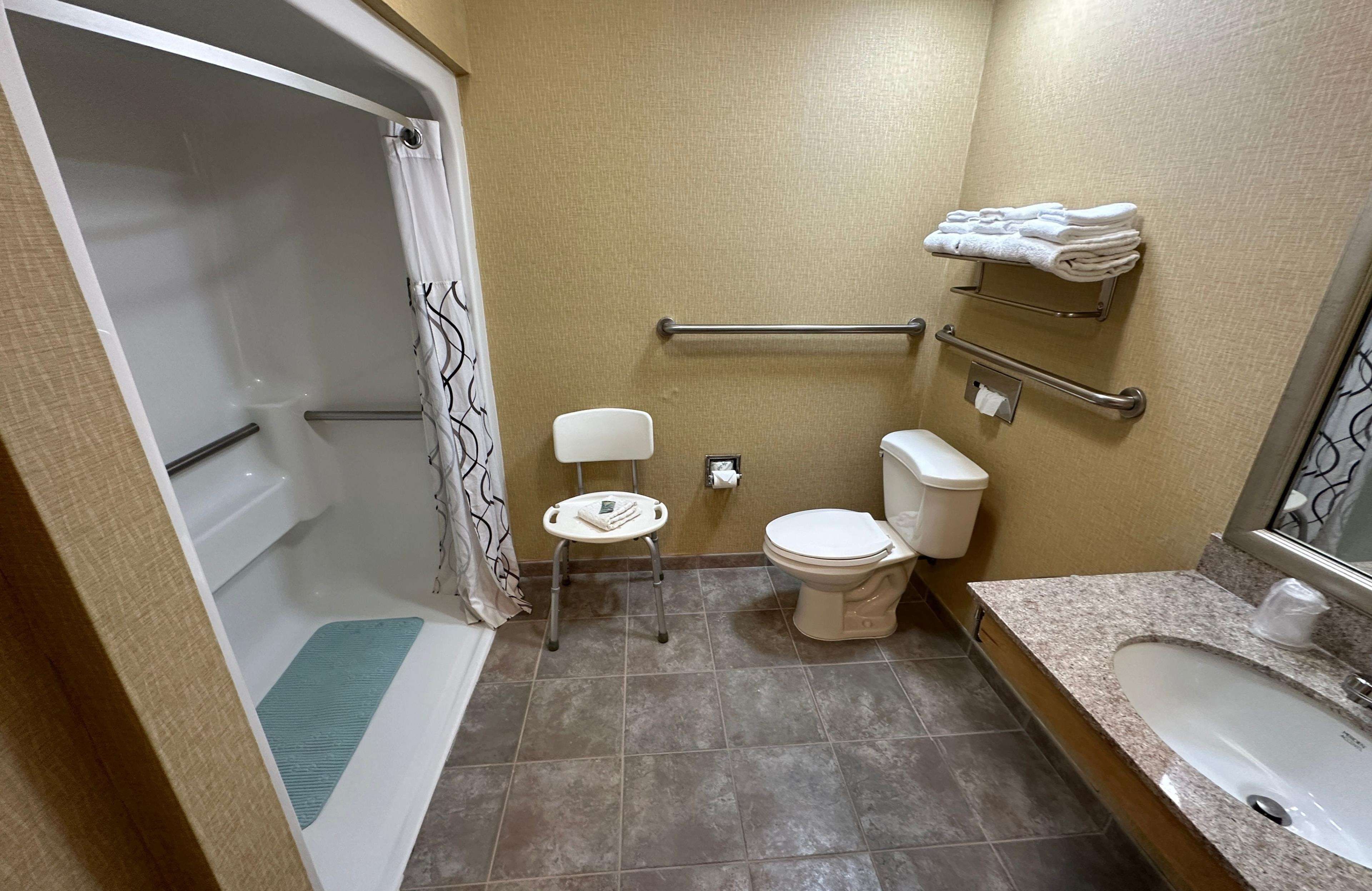 Een badkamer met douche, toilet en wastafel.