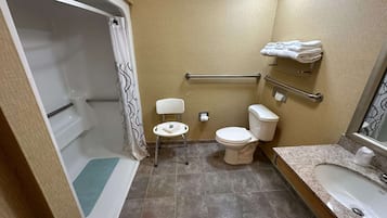 Een badkamer met douche, toilet en wastafel.