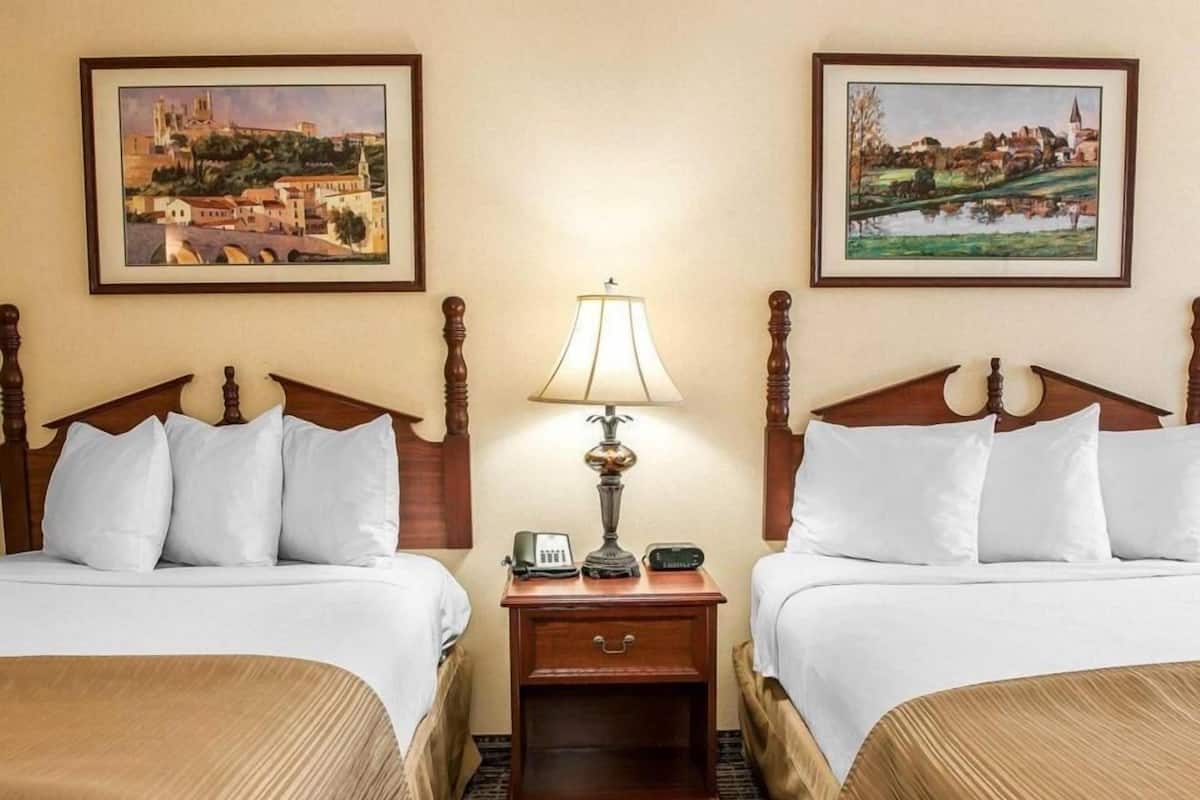 Une chambre d’hôtel avec deux lits, une table de chevet avec une lampe, un téléphone et deux tableaux représentant une ville.