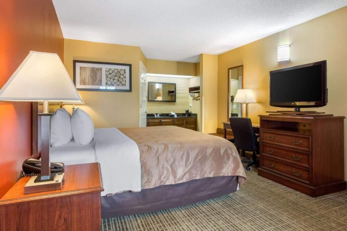 Une chambre d’hôtel comprenant un lit, une lampe de chevet, une télévision, une commode, un bureau, une chaise et un miroir.