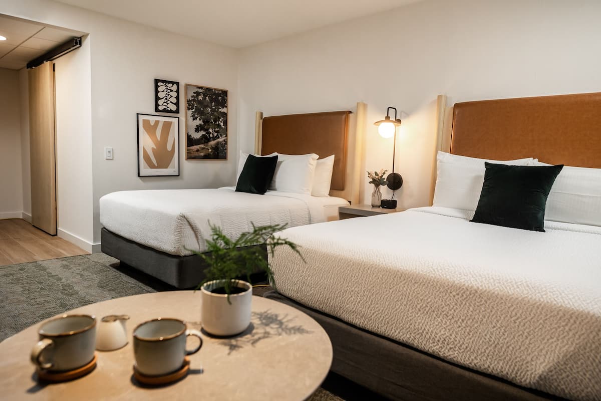 A hotel room with two beds, a small table with cups, a plant, and artwork on the wall.