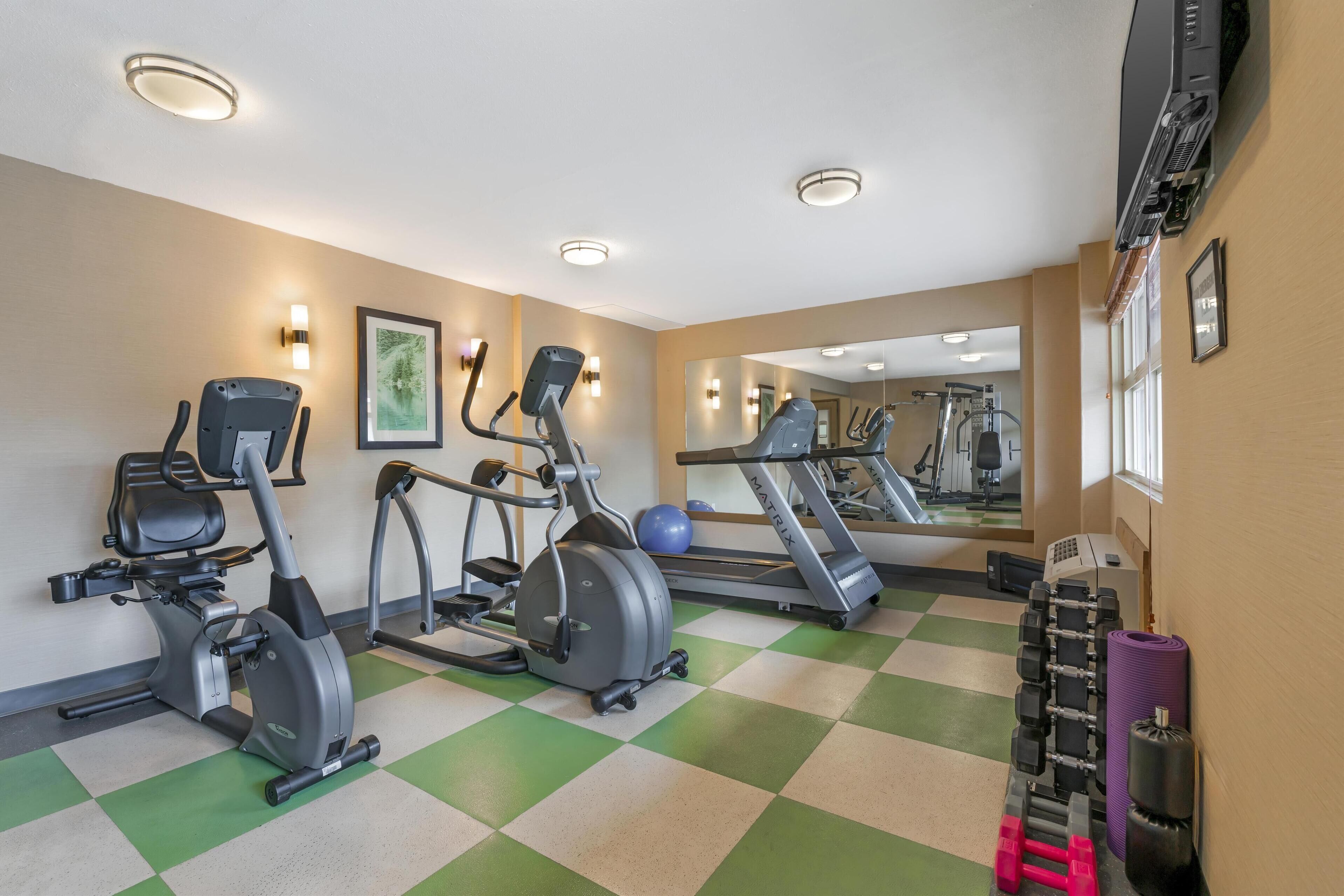 A gym with cardio machines, weights, and a mirror.