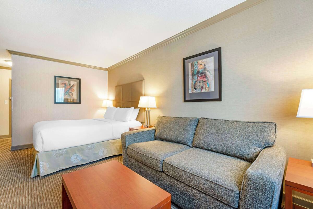 A hotel room with a bed, a gray sofa, a wooden coffee table, and two framed artworks on the wall.