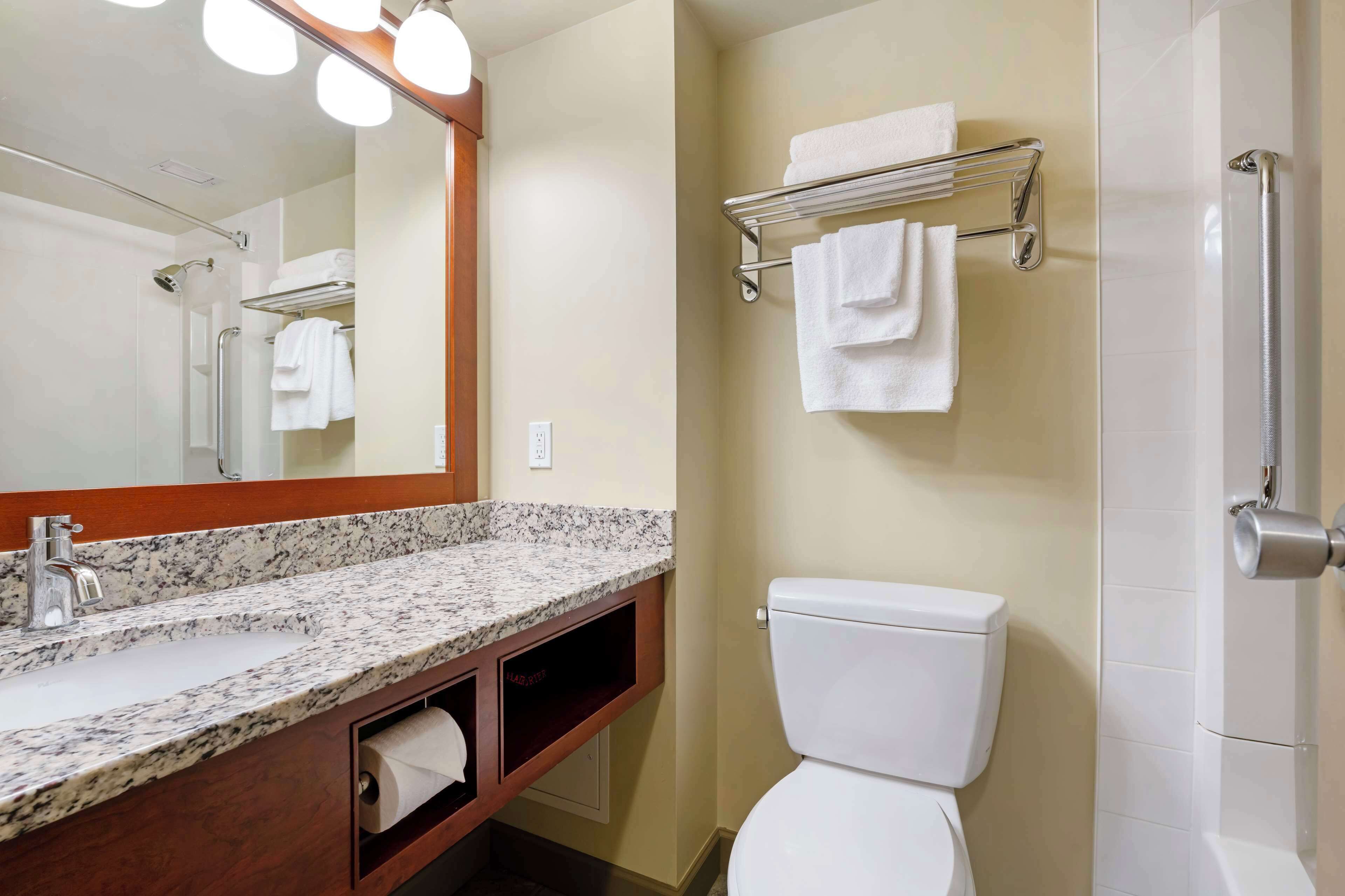 combined shower/bathtub, free toiletries, hair dryer, towels