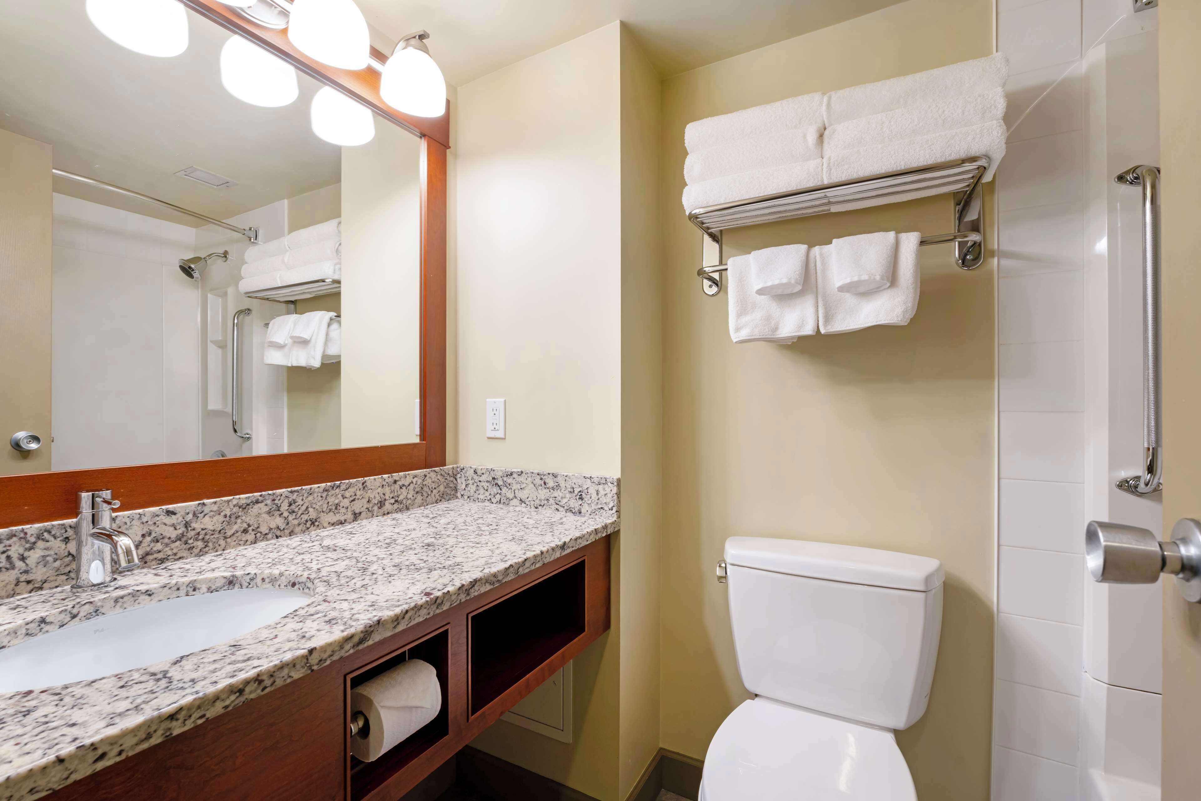 combined shower/bathtub, free toiletries, hair dryer, towels