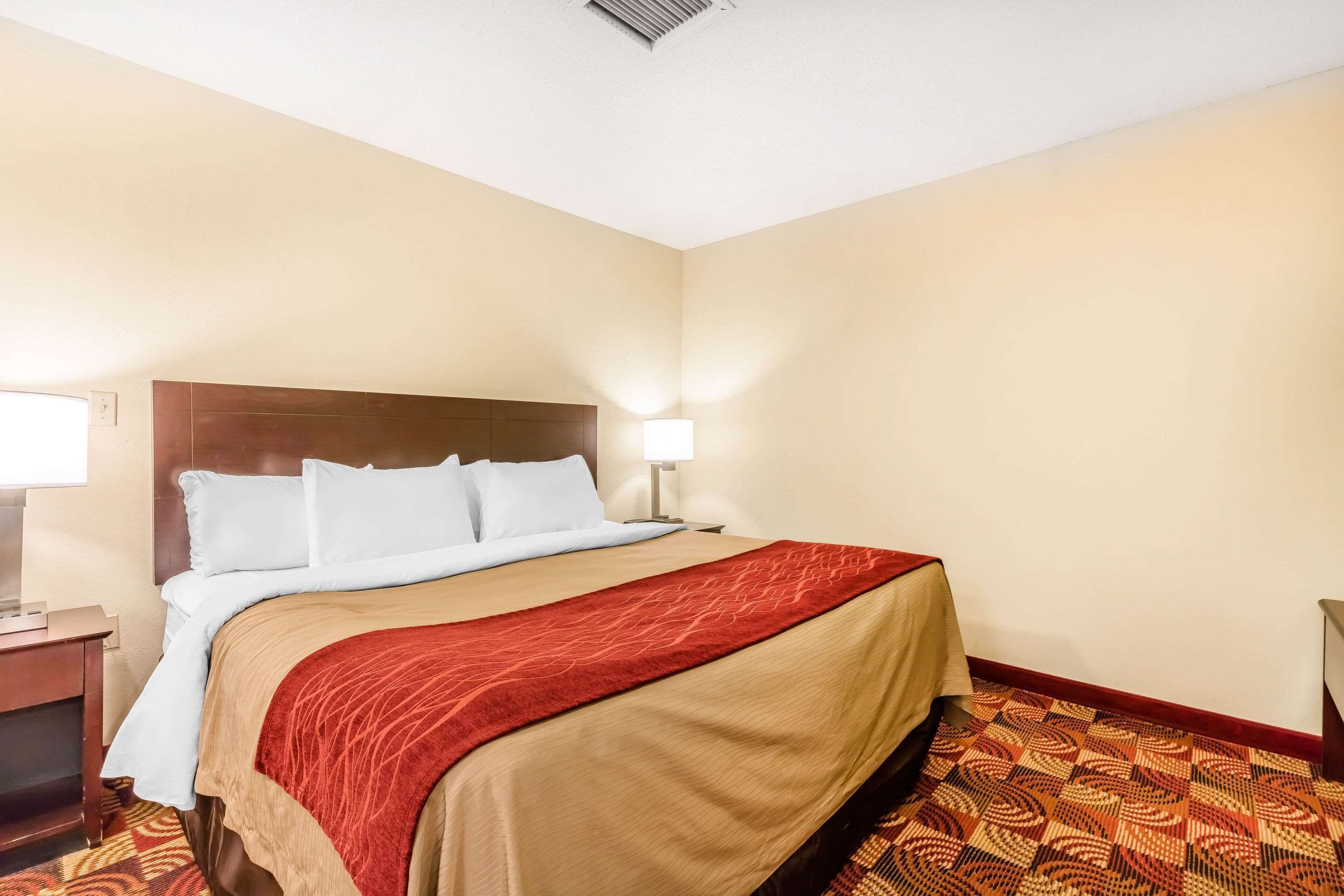 Una habitación de hotel con una cama grande, una mesita de noche, una lámpara y alfombra estampada.