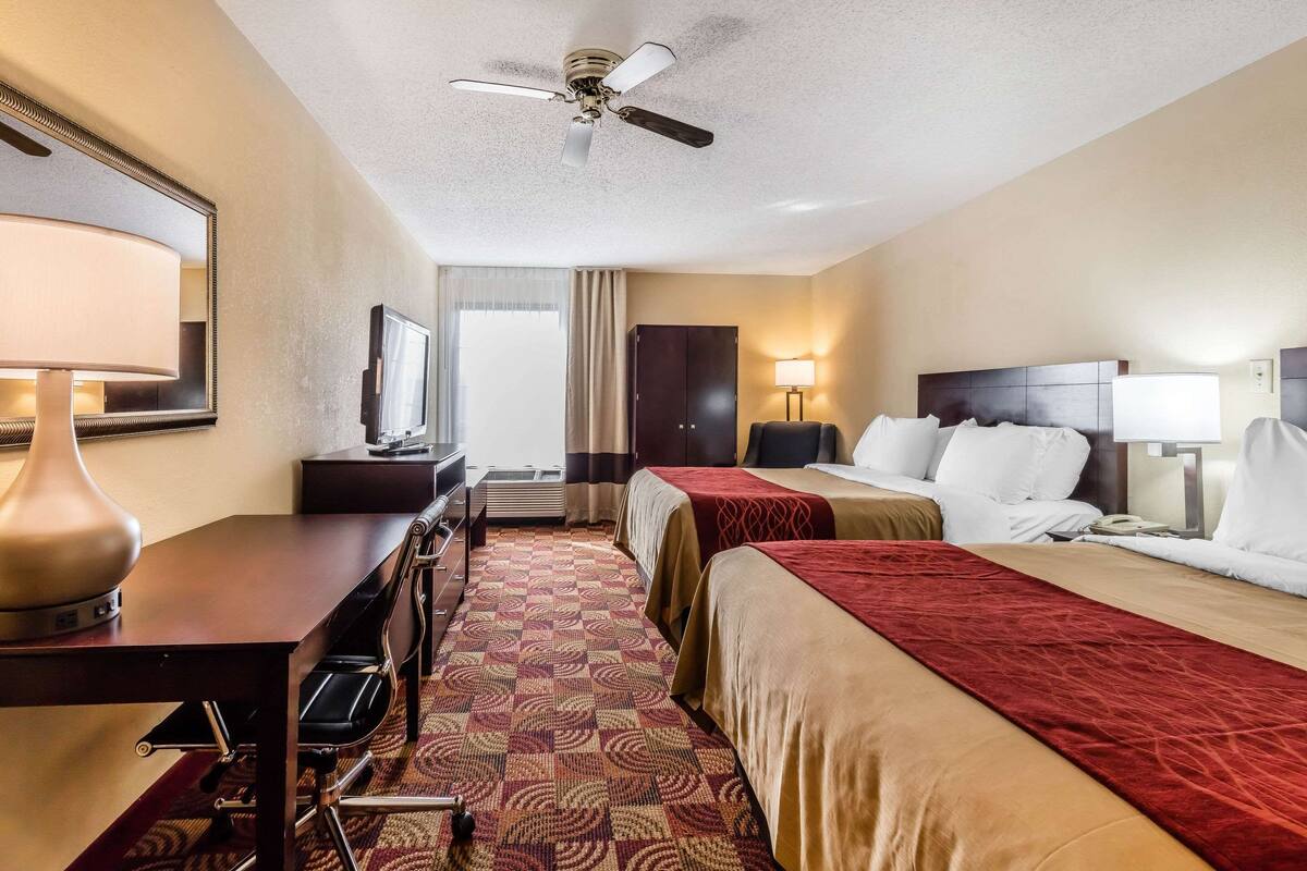 A hotel room with two beds, a desk with a lamp, a television, a ceiling fan, and a patterned carpet.