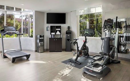 A home gym with a treadmill, elliptical, and stationary bike, large windows, and a flat-screen TV.