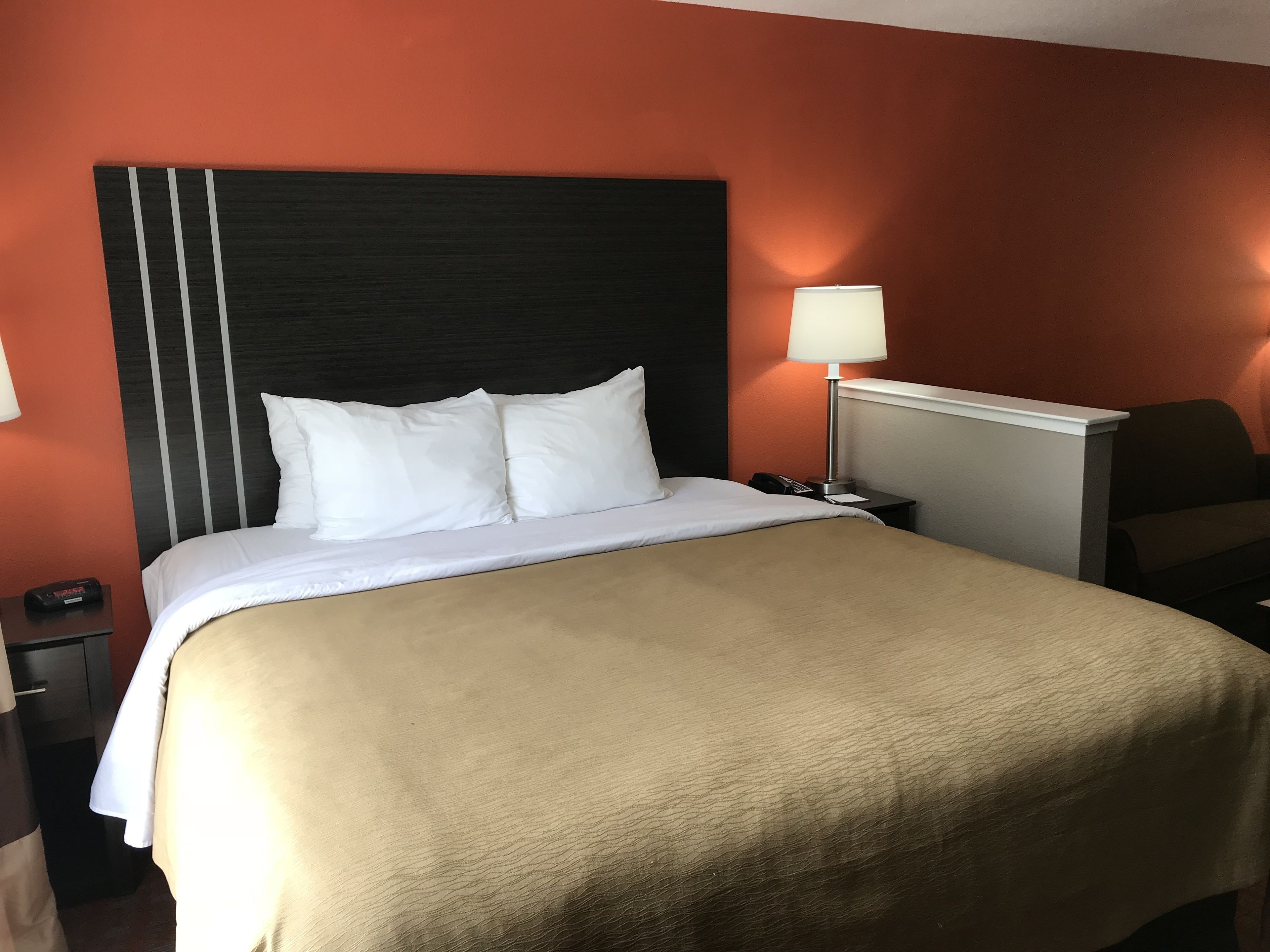 Premium bedding, desk, blackout drapes, iron/ironing board