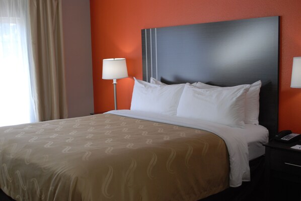 A hotel room with a large bed, a bedside lamp, and a nightstand with a phone.