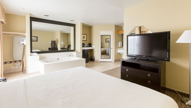 Hotelkamer met een groot bed, een flatscreen televisie, een dubbele wastafel en een spiegel.