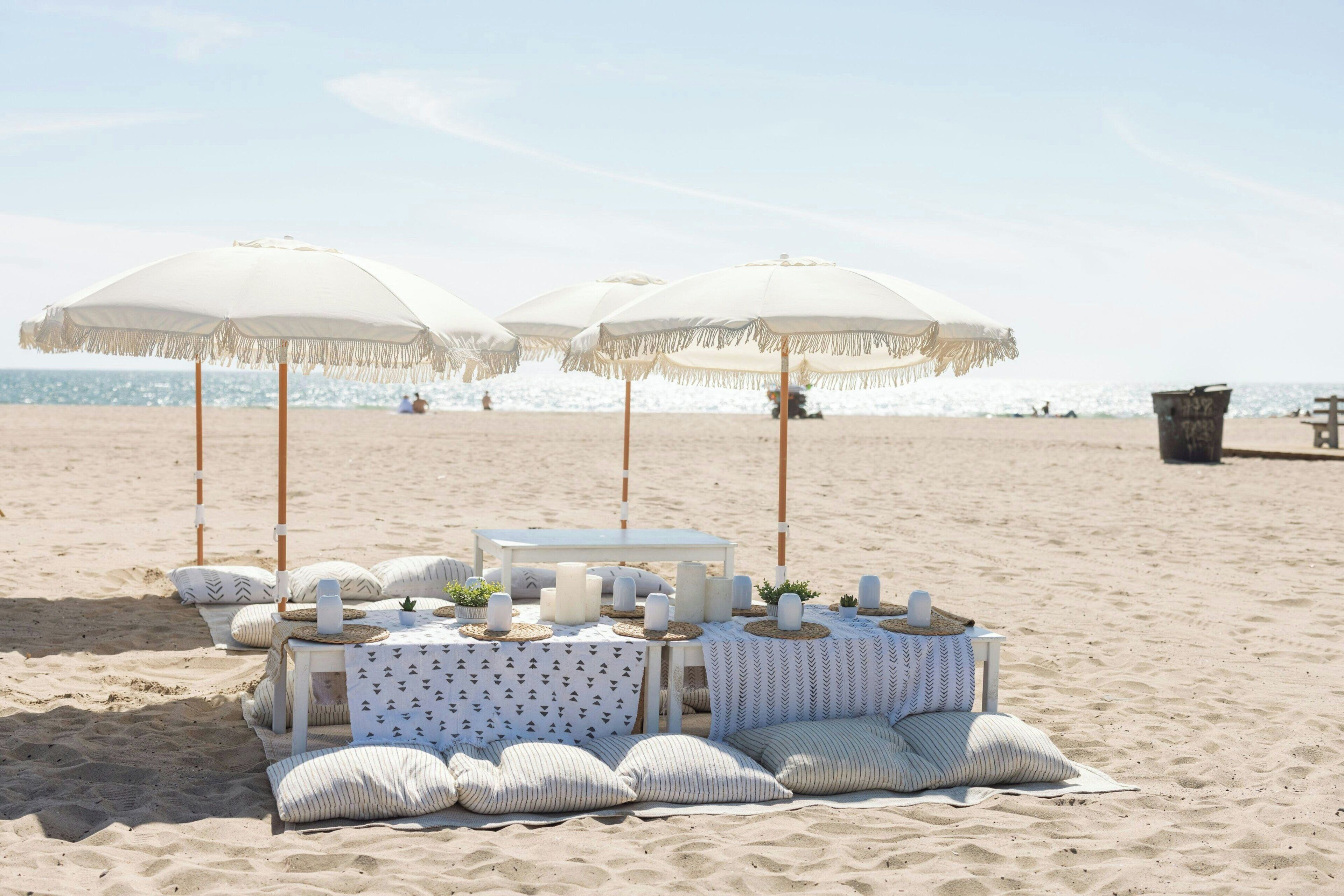 On the beach, sun loungers, beach umbrellas, beach towels