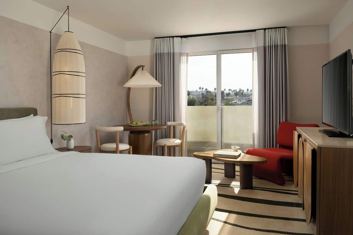 A hotel room with a bed, a desk, a chair, a TV, and a view of the city.