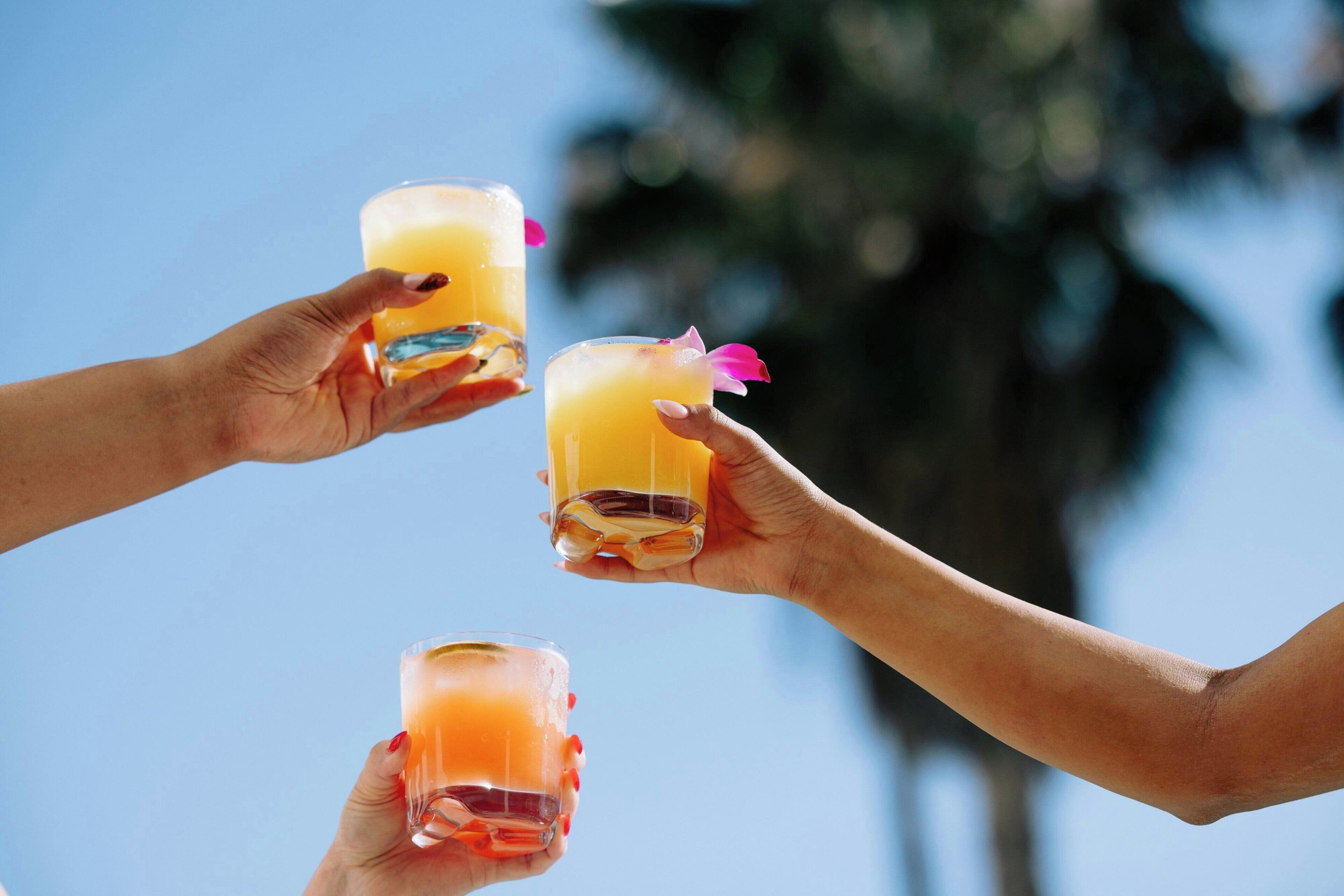Three hands holding glasses of a beverage, with a clear sky and palm trees in the background.