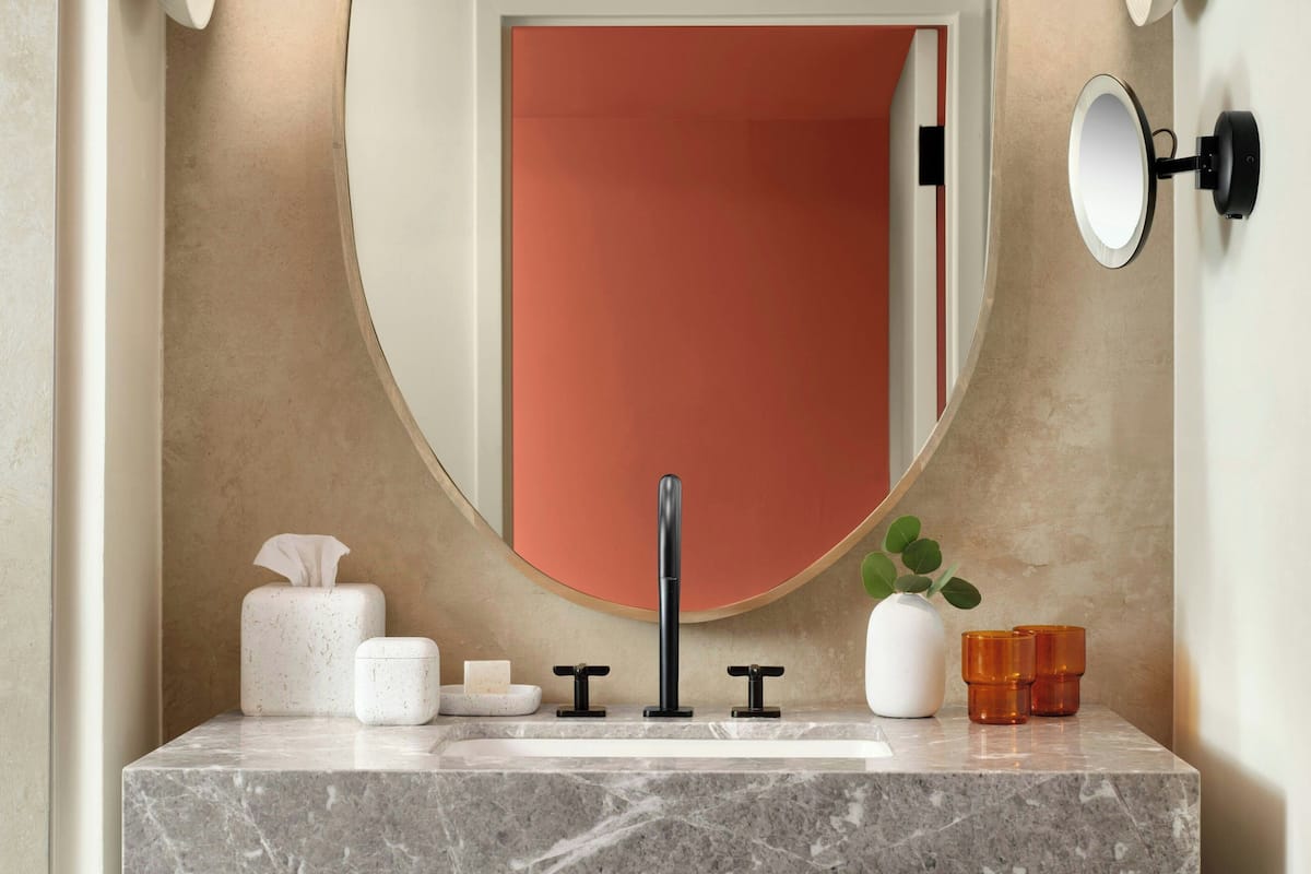 A bathroom with a marble sink, a black faucet, a mirror, a tissue box, a soap dish, and a plant.