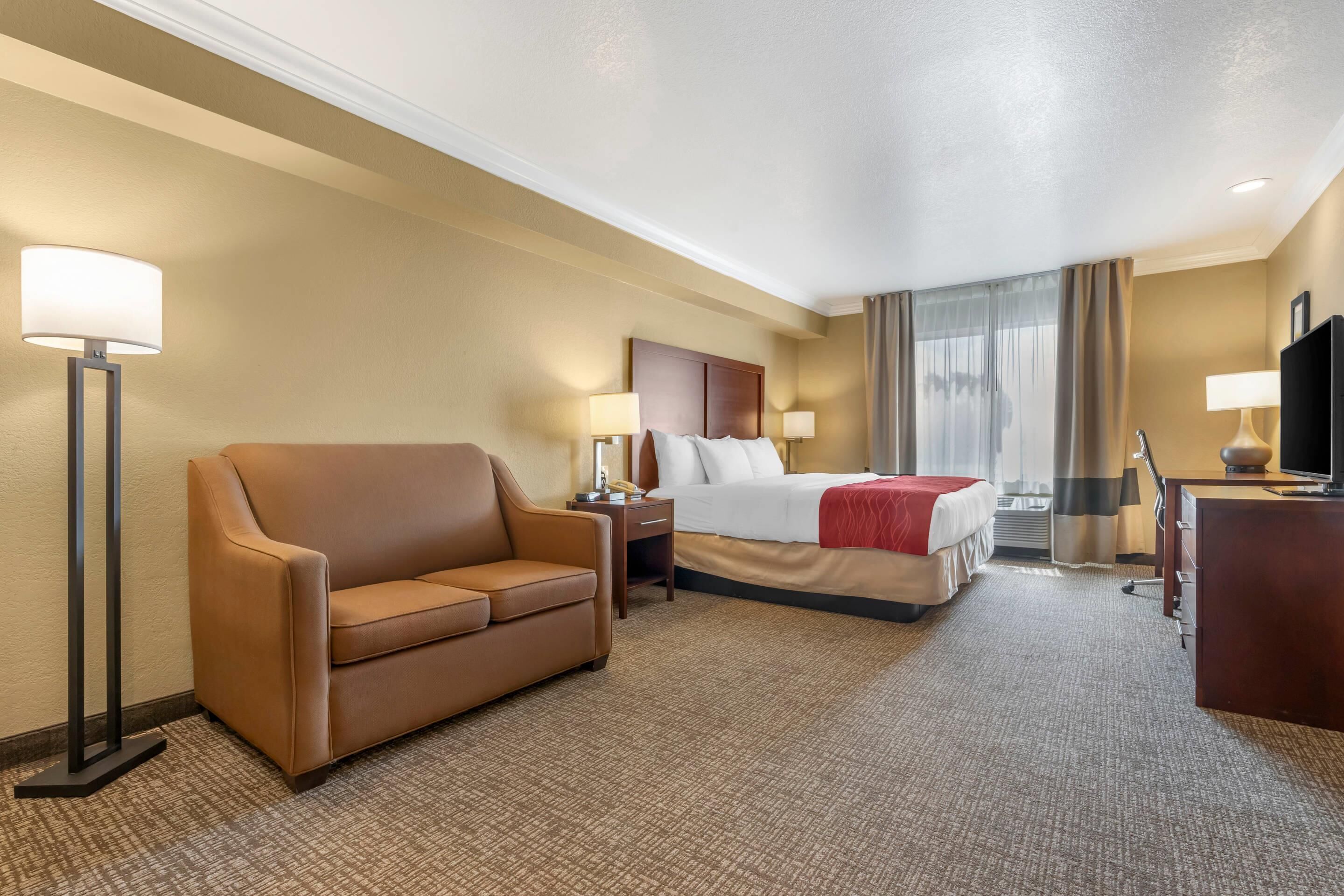 Une chambre d’hôtel avec un lit, un canapé marron, un bureau et une télévision.