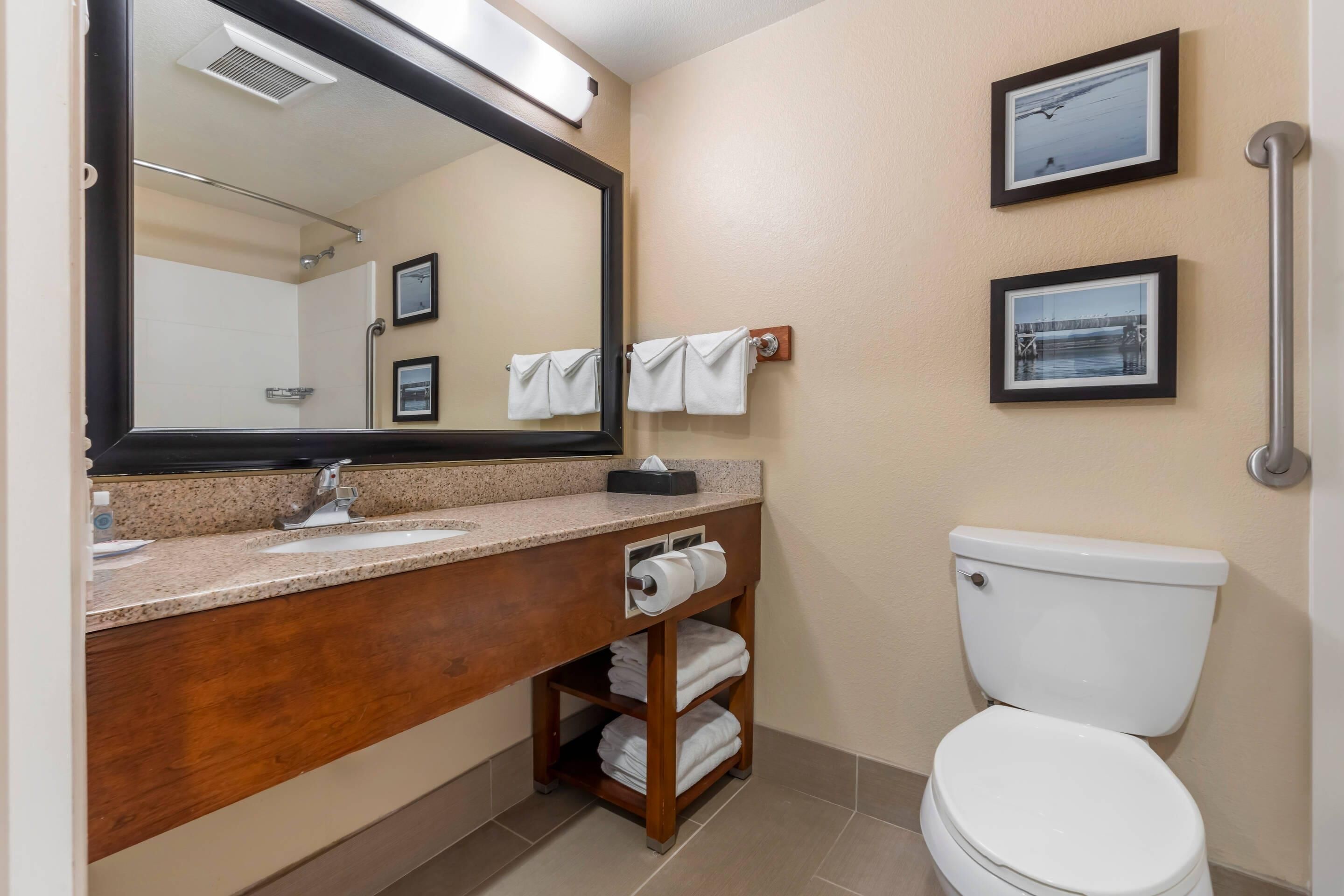 Un baño con lavamanos, espejo, inodoro y barra para toallas.
