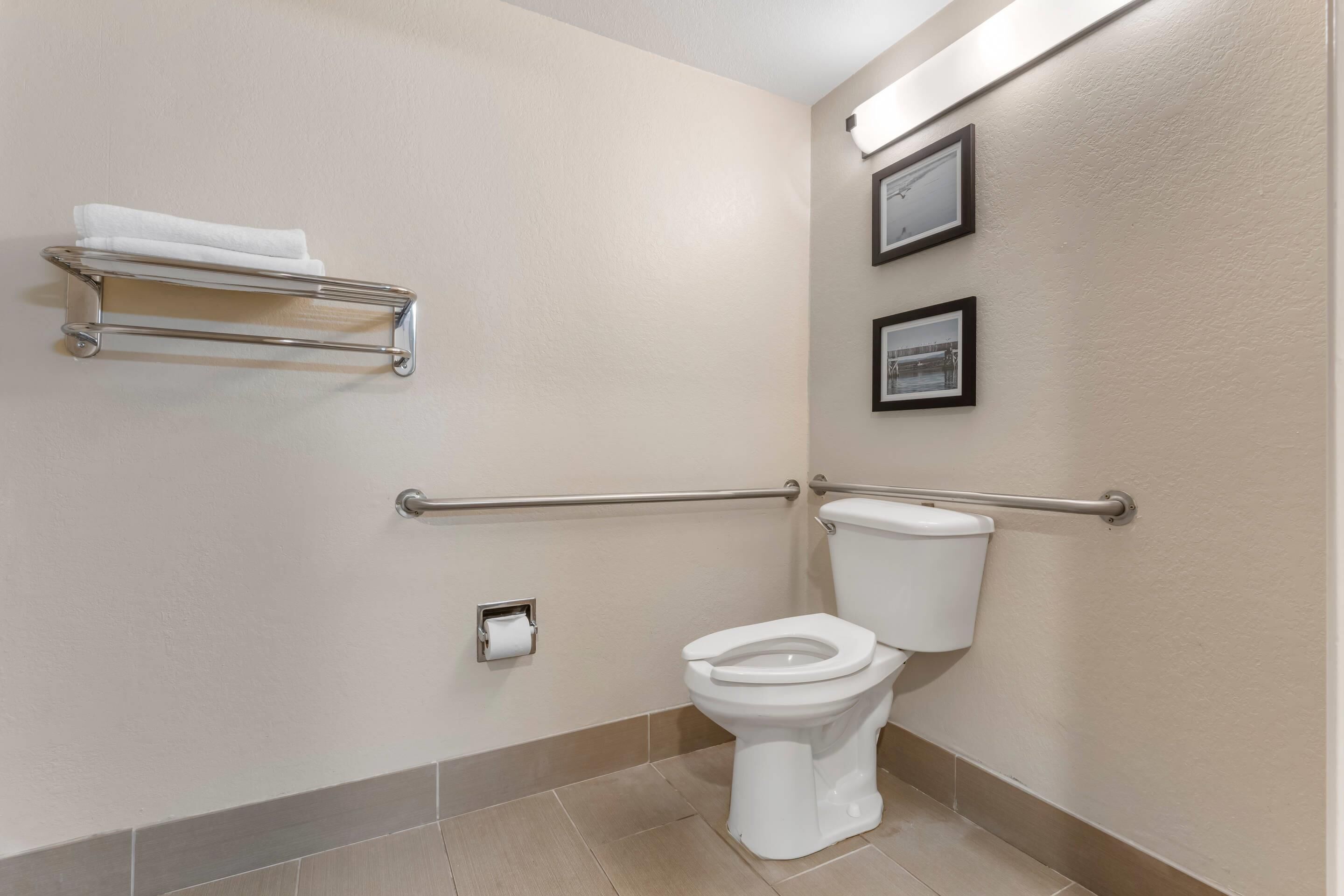 A bathroom with a white toilet, a towel rack, a handrail, and two framed pictures on the wall.