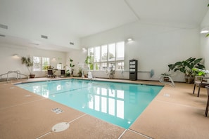 Indoor pool, open 7 AM to 10 PM, sun loungers