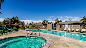 Outdoor pool, a heated pool, pool loungers