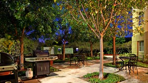 Un patio al aire libre con una parrilla, asientos y un árbol.
