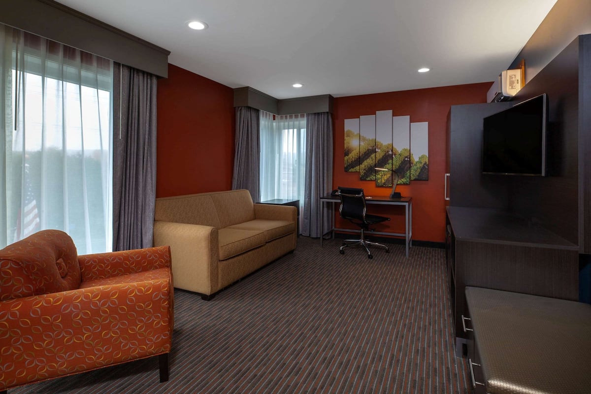 Una habitación de hotel con sofá, escritorio, televisión y un cuadro en la pared.