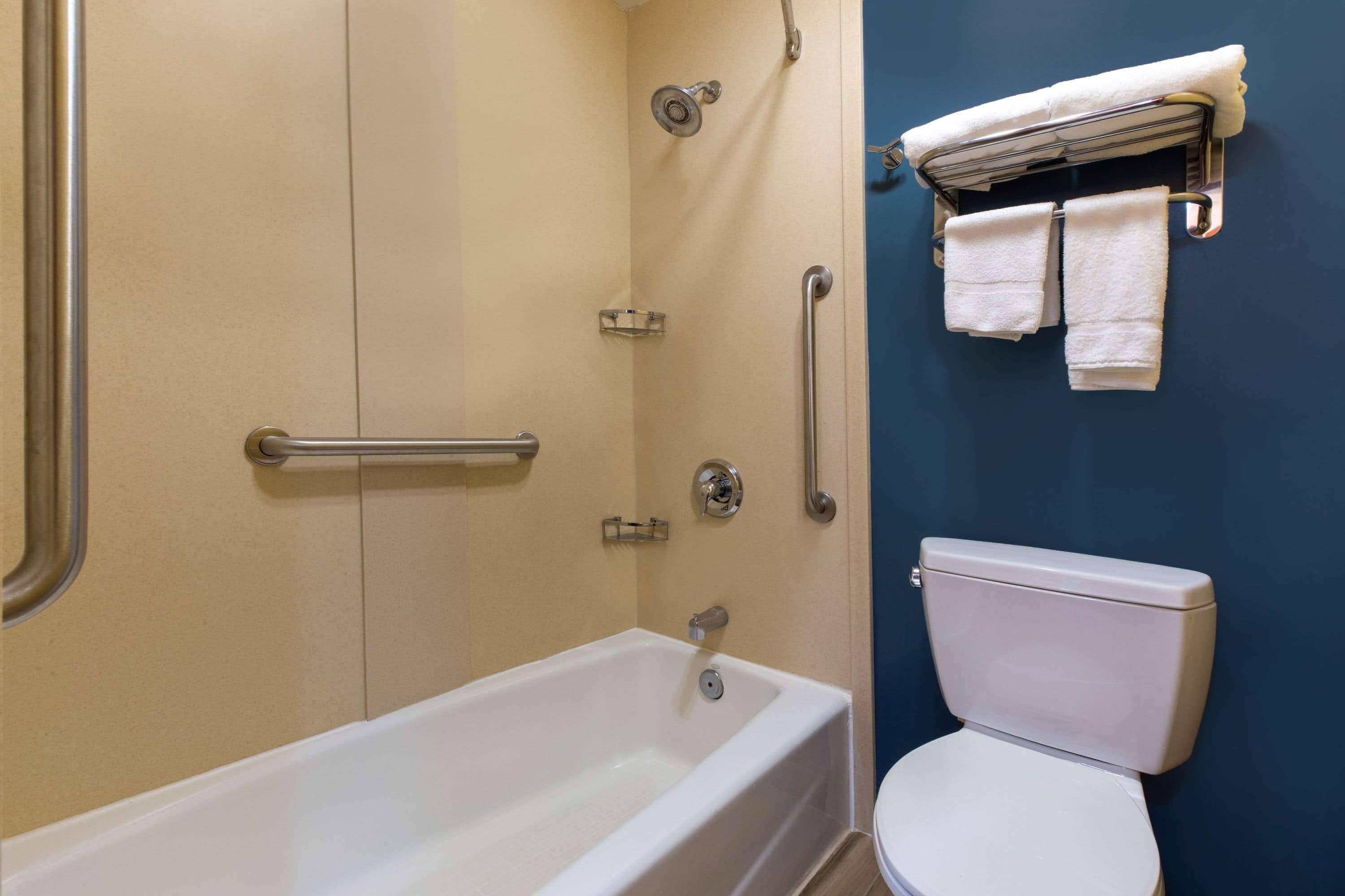 A bathroom with a bathtub, toilet, and a towel rack.