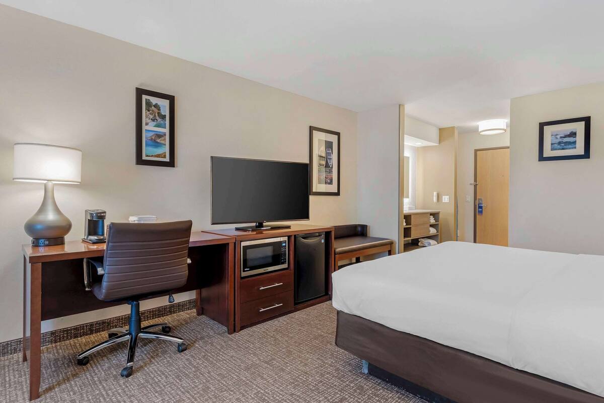 Een hotelkamer met een bed, bureau, stoel, televisie, magnetron en een kleine koelkast.
