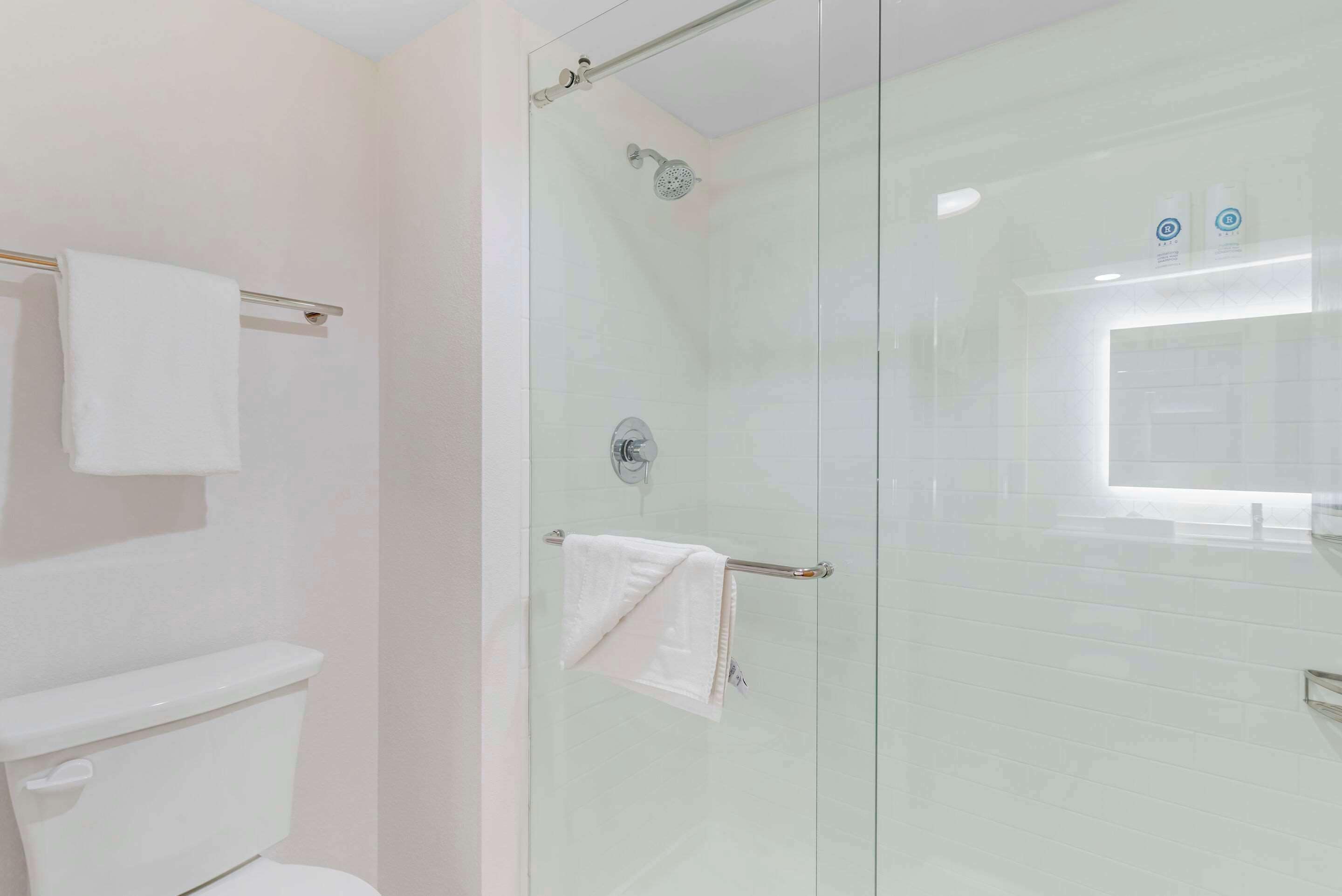 A bathroom with a glass-enclosed shower, a white toilet, and a towel rack.
