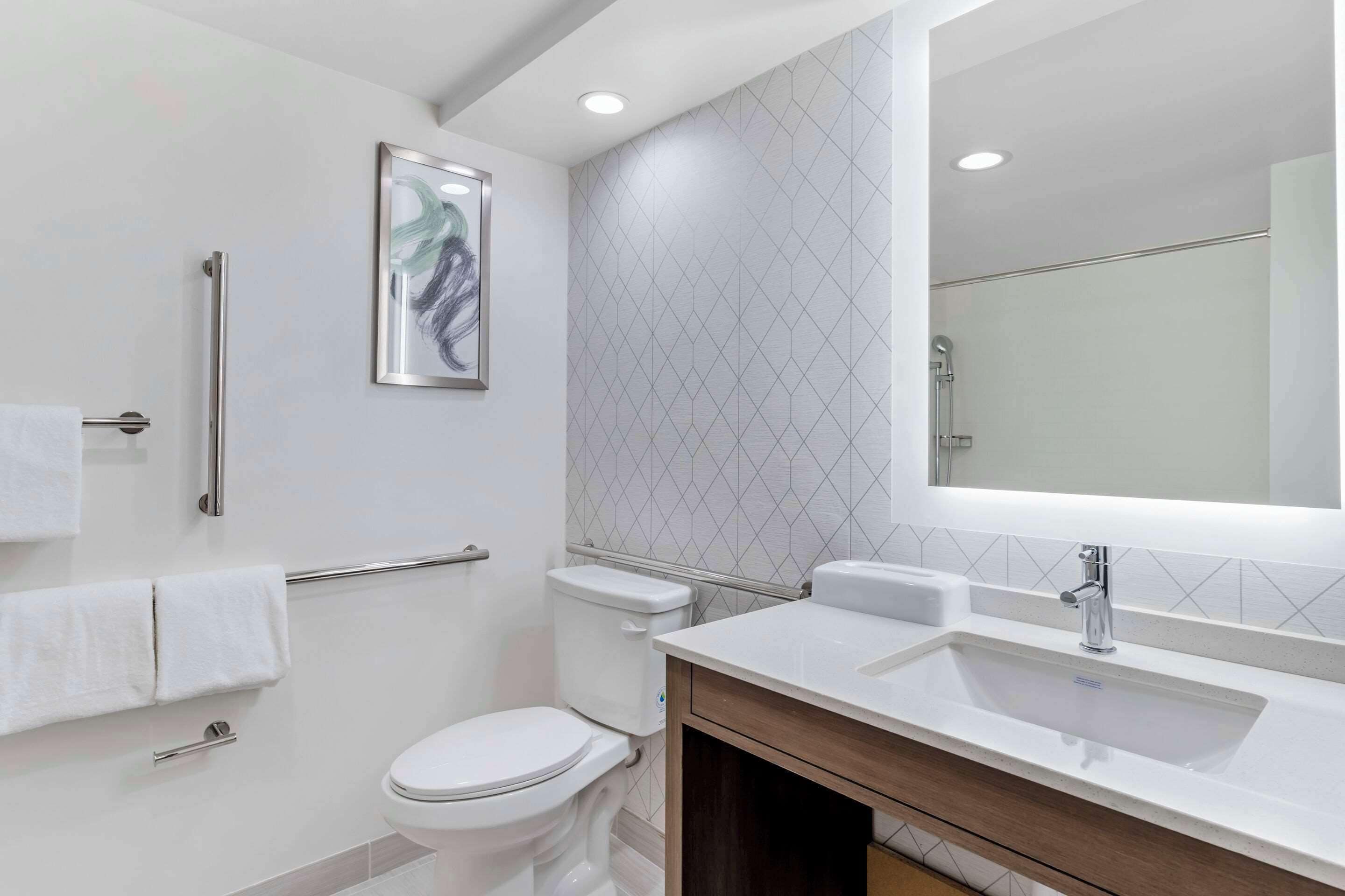 desk, laptop workspace, blackout curtains, iron/ironing board