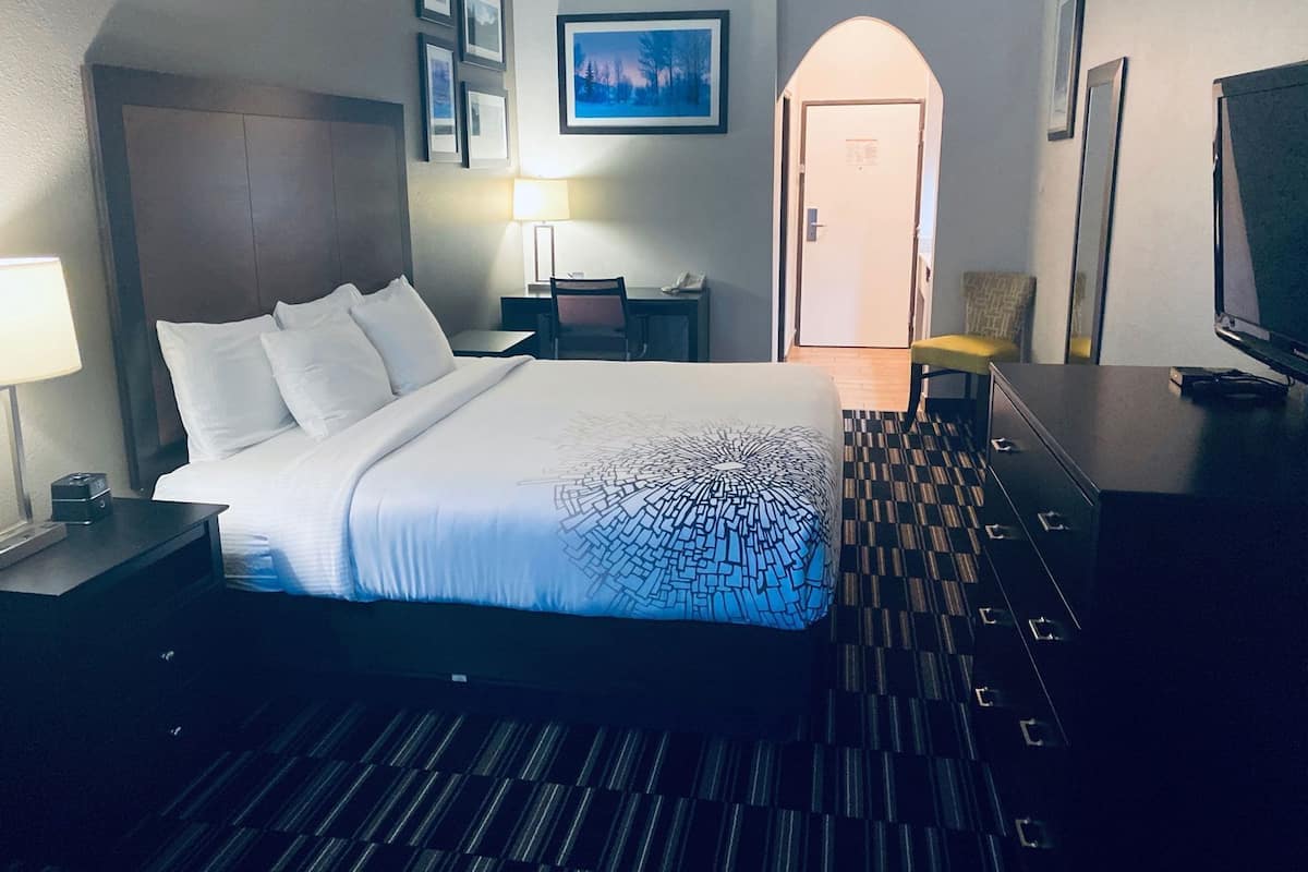 Een hotelkamer met een bed, een bureau, een stoel, een televisie en een deur.