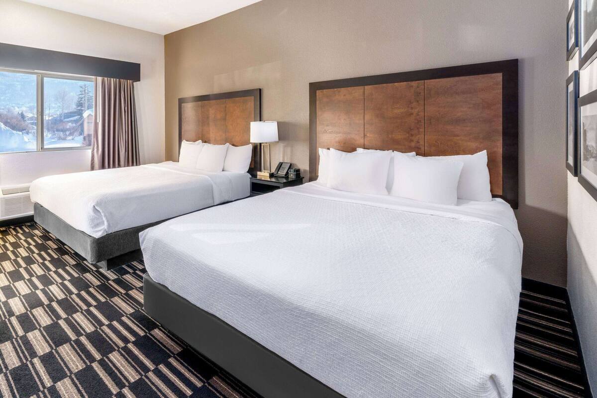 Een hotelkamer met twee bedden, een groot raam met gordijnen, een nachtkastje met lamp en een kamerbreed tapijt met patroon.