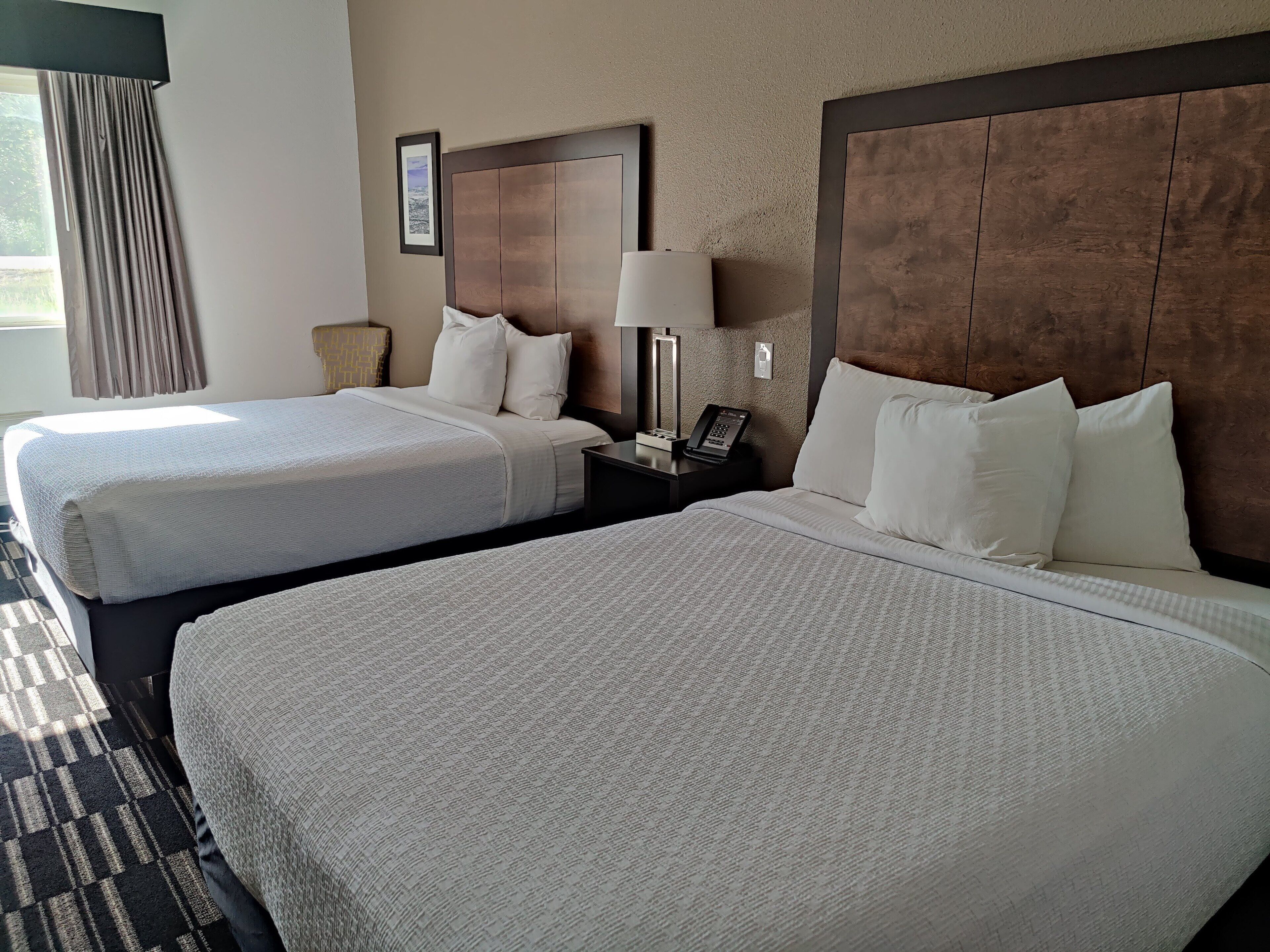 A hotel room with two beds, a nightstand with a lamp, and a framed picture on the wall.