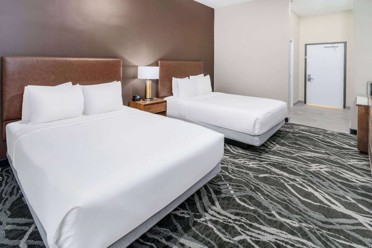 Een hotelkamer met twee bedden, een nachtkastje met lamp, een kamerbreed tapijt met patroon, en een deur op de achtergrond.
