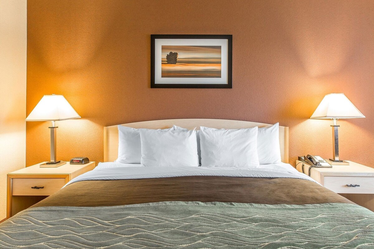 A hotel room with a bed, two bedside tables, a nightstand, a lamp, a phone, and a framed picture on the wall.