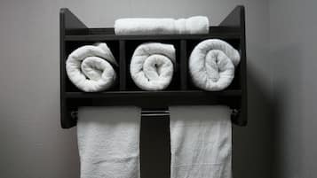 Basic Room, 2 Queen Beds, Refrigerator & Microwave | Bathroom | Combined shower/bathtub, towels