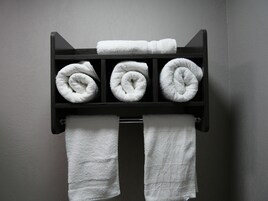 Basic Room, 2 Queen Beds, Refrigerator & Microwave | Bathroom | Combined shower/tub, towels