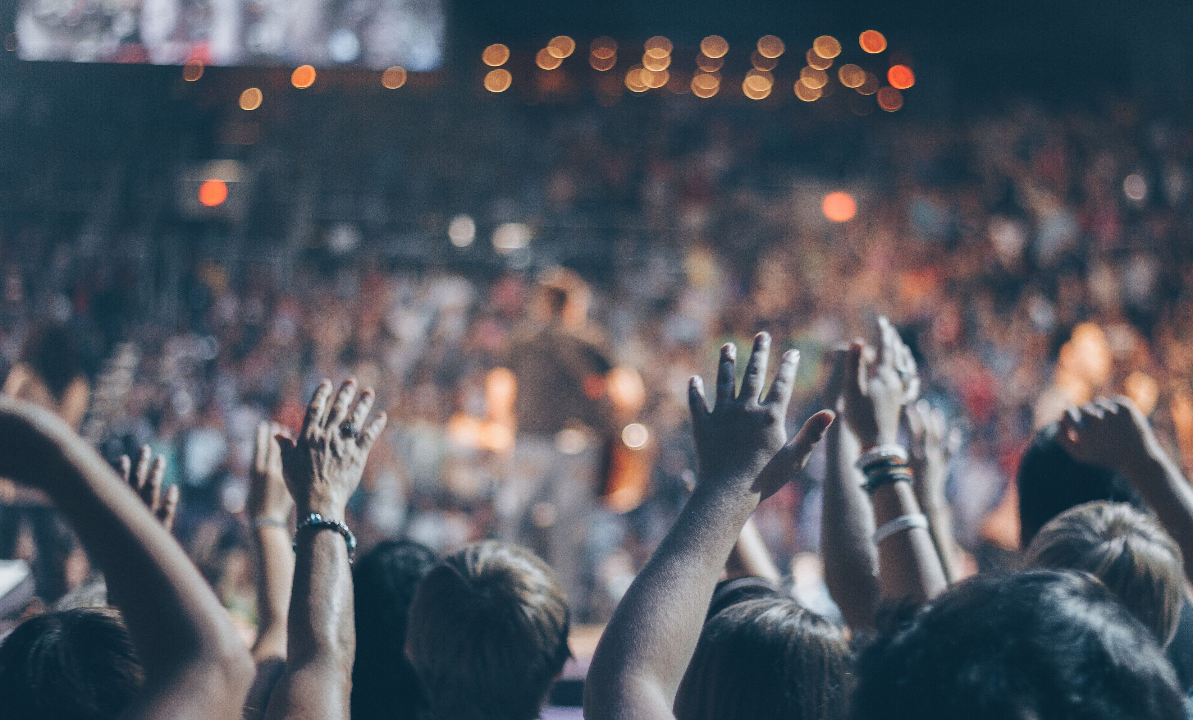 Uma multidão de pessoas com as mãos levantadas, possivelmente em um show ou evento.