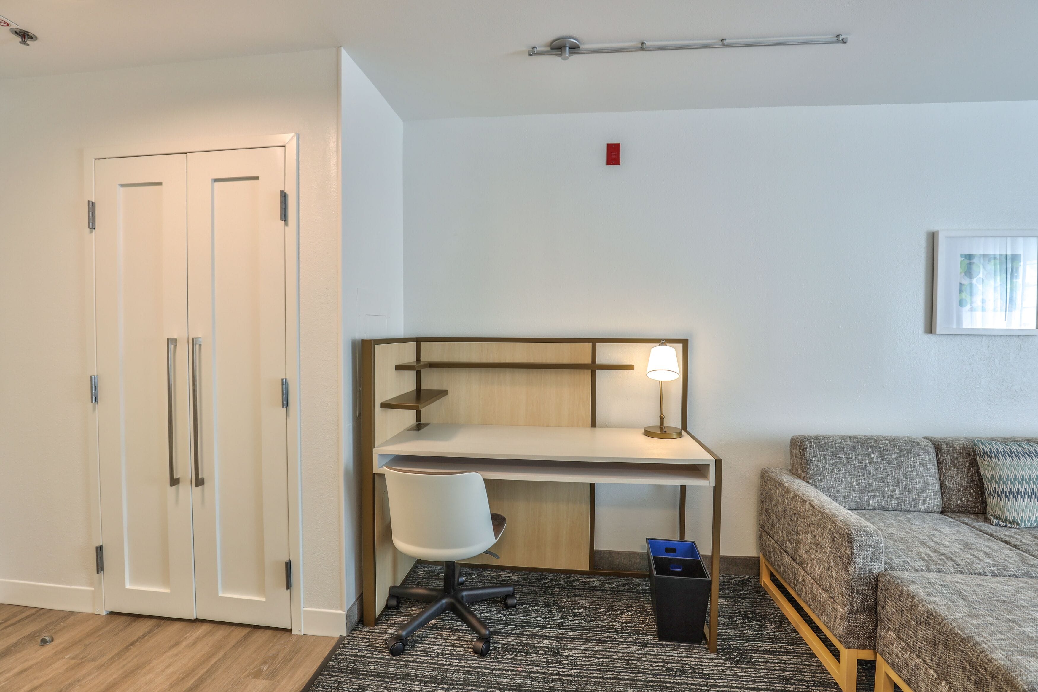 individually furnished, desk, laptop workspace, iron/ironing board