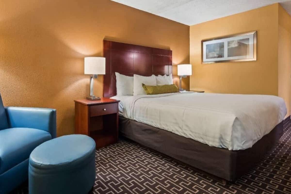 Una habitación de hotel con una cama, una silla, una mesita, dos lámparas y una alfombra estampada.