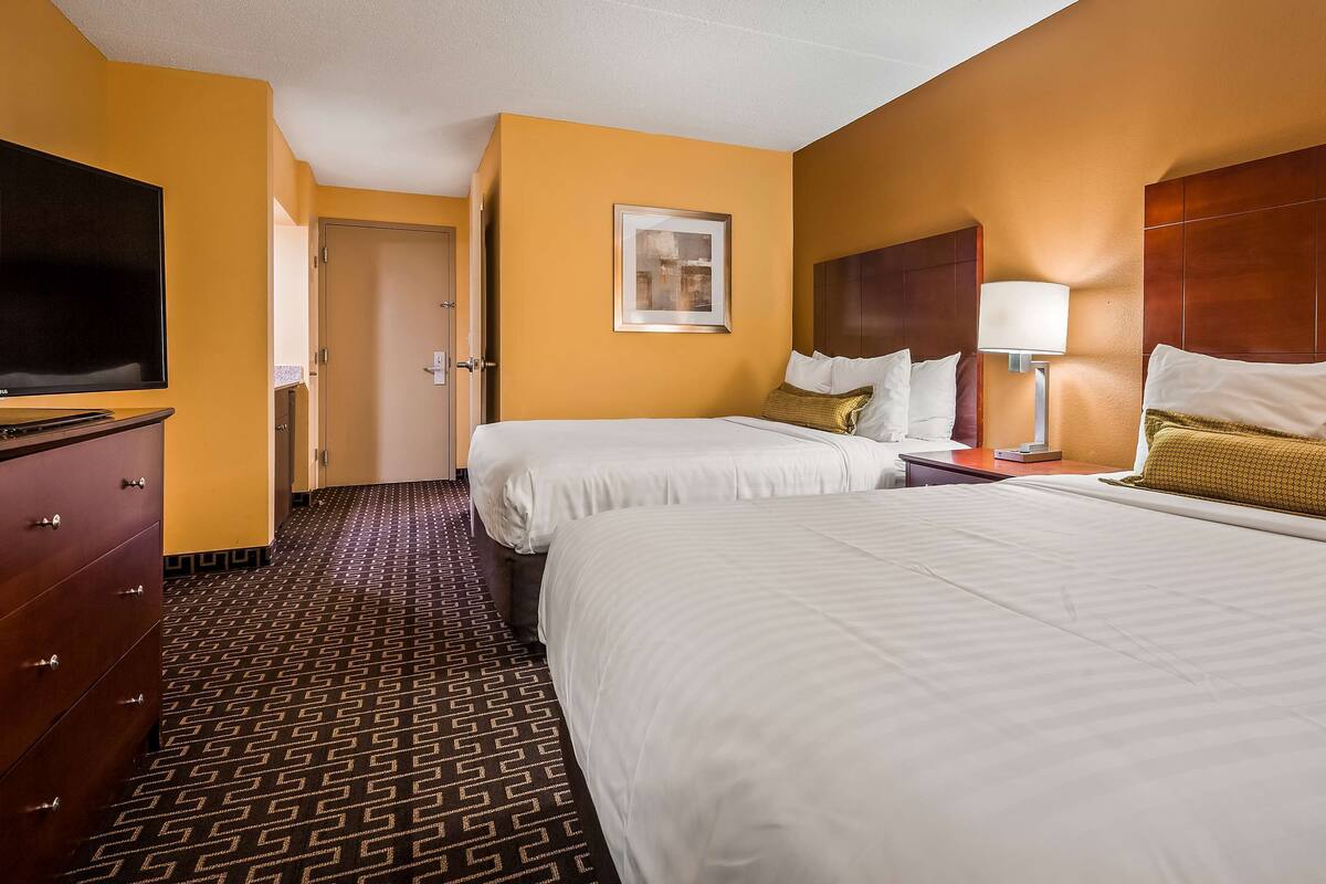 Habitación de hotel con dos camas, televisión, cabecero de madera, lámpara y alfombra estampada.