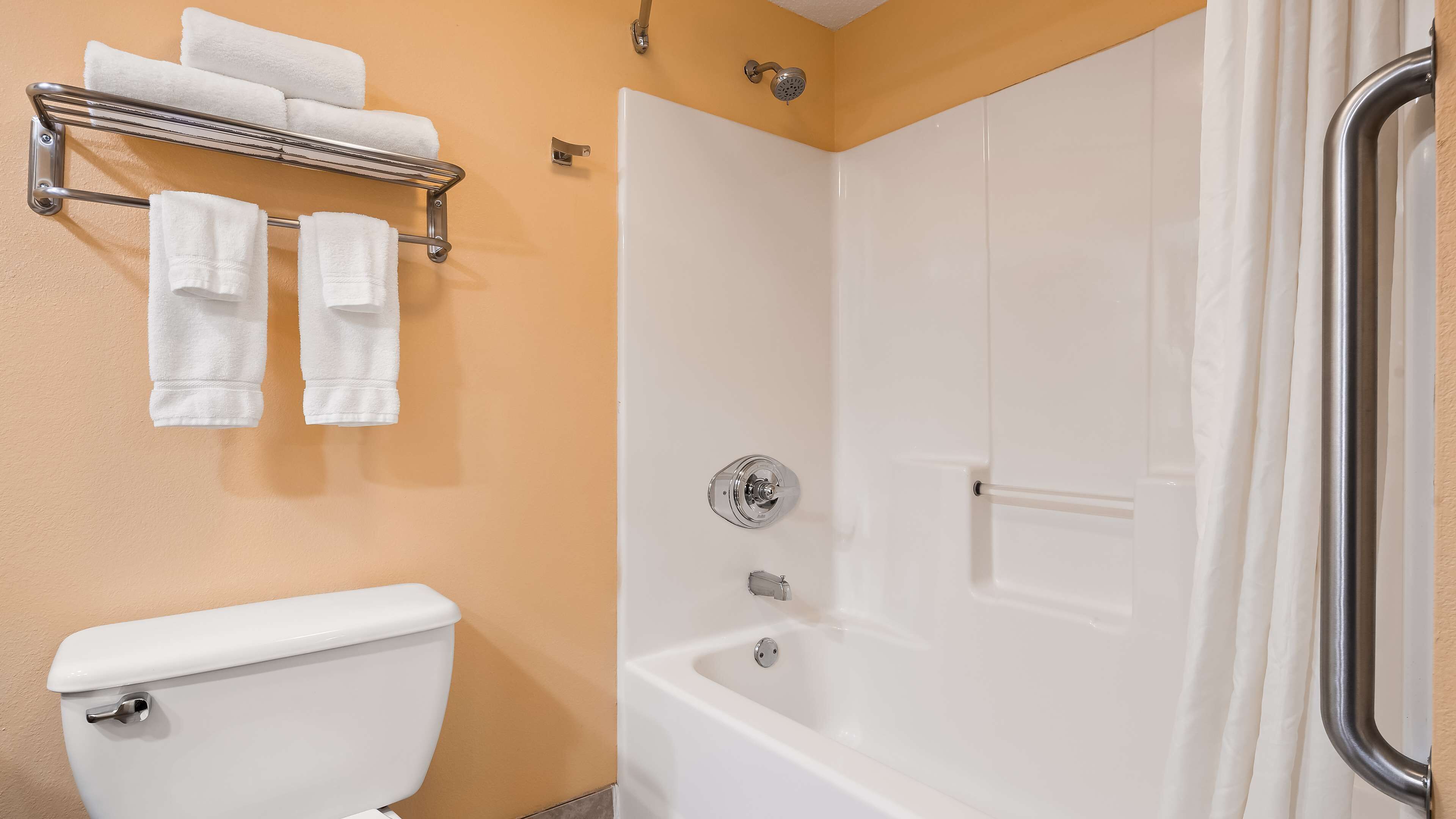 combined shower/bathtub, free toiletries, hair dryer, towels