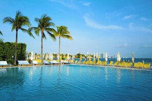 Outdoor pool, pool umbrellas, pool loungers