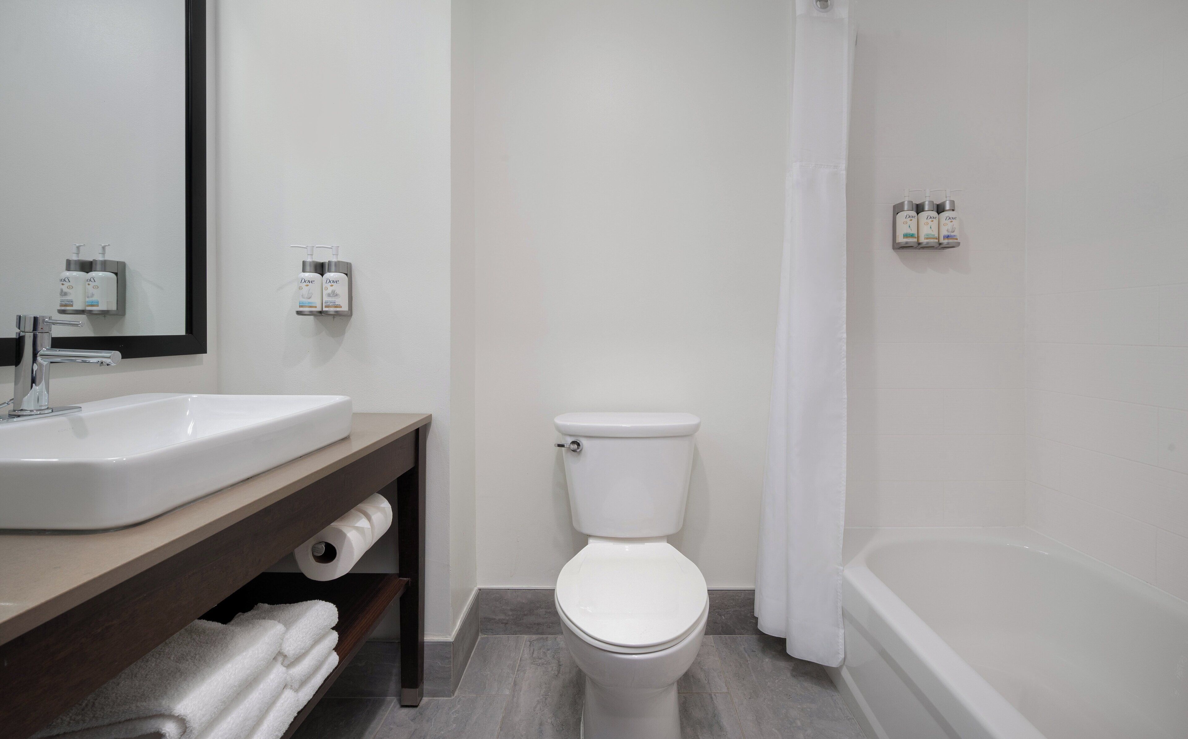 combined shower/bathtub, free toiletries, hair dryer, towels