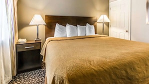 A hotel room with a large bed, two bedside lamps, a nightstand with a phone, and a door. - Quality Inn & Suites University/Airport (Louisville)